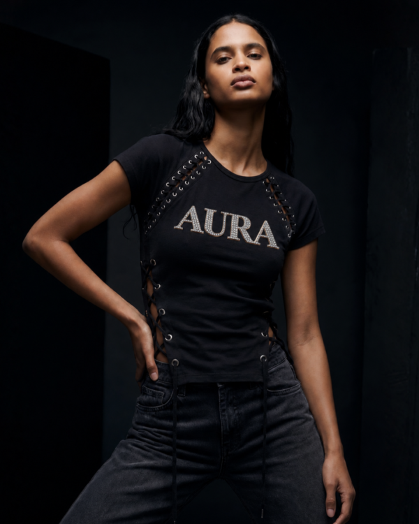 AURA Rhinestone Lace-Up Black T-Shirt