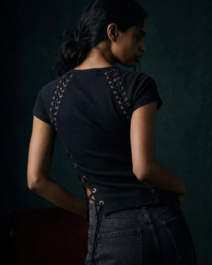 AURA Rhinestone Lace-Up Black T-Shirt