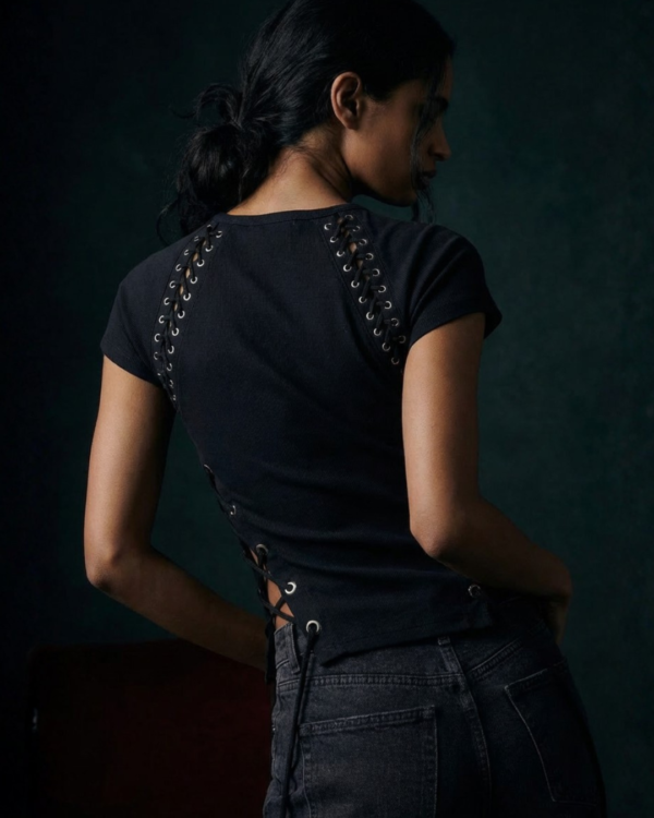 AURA Rhinestone Lace-Up Black T-Shirt
