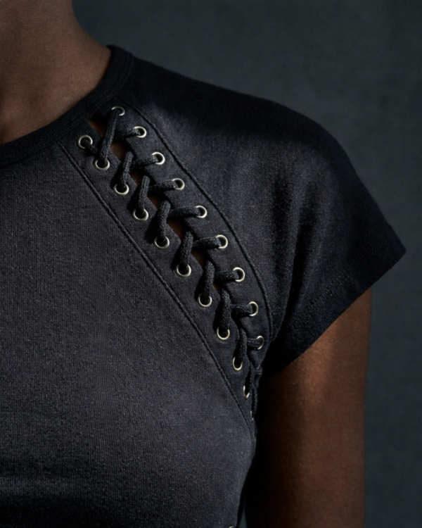 AURA Rhinestone Lace-Up Black T-Shirt