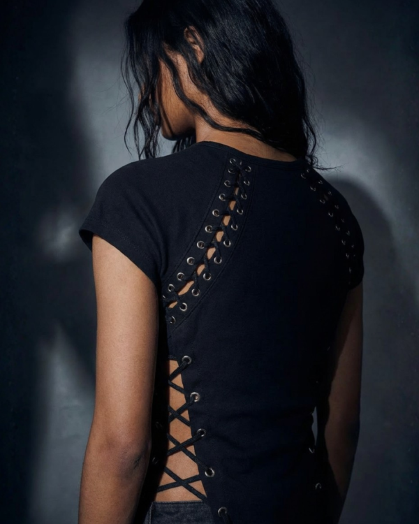 AURA Rhinestone Lace-Up Black T-Shirt