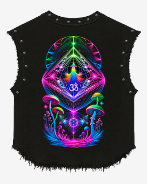 Black Stonewashed Studded Sleeveless T-Shirt with Neon Psychedelic Graphic