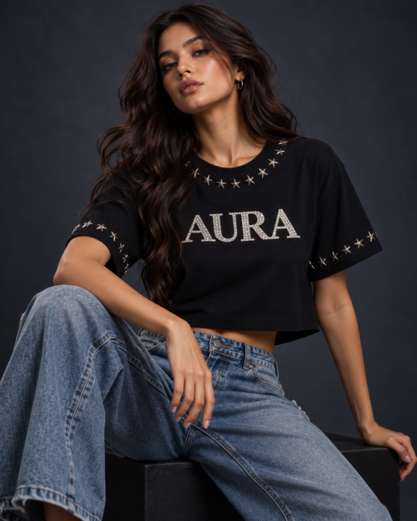 AURA Rhinestone Black Crop T-Shirt for Women