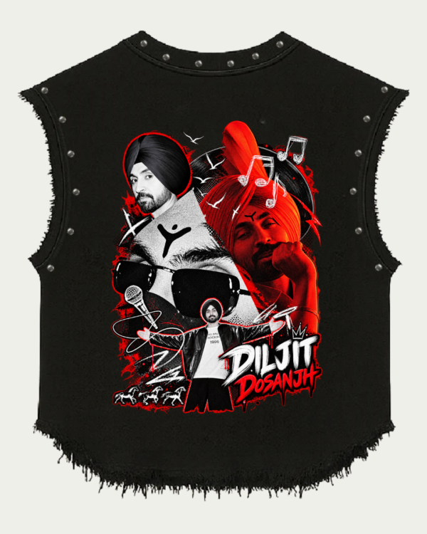 Red & Black Collage Graphic Studded Vest