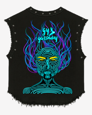 Guzalnhy Neon Tribal Graphic Studded Black Vest