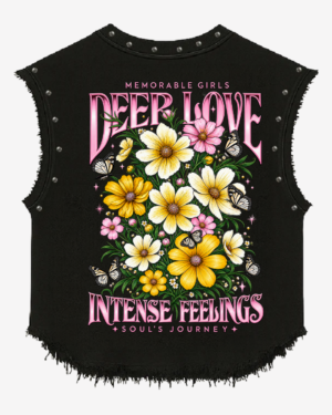 Deep Love Intense Feelings Floral Graphic Studded Black Vest